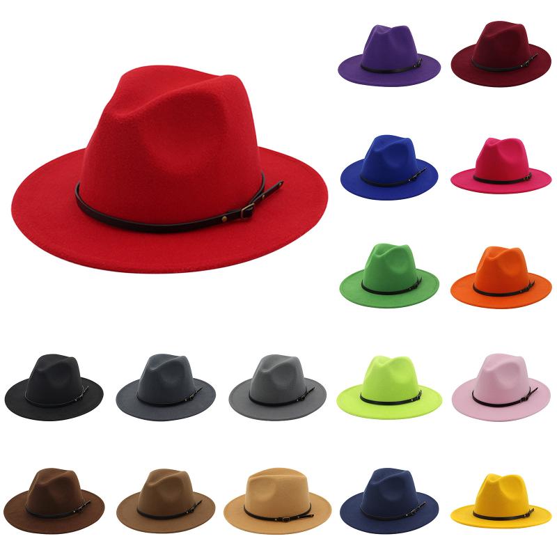 

Berets 2021 Unisex Men Women 18 Colors Fedora Hat With Belt Wide Brim Outdoor Travel Adult Big Size 56-60CM