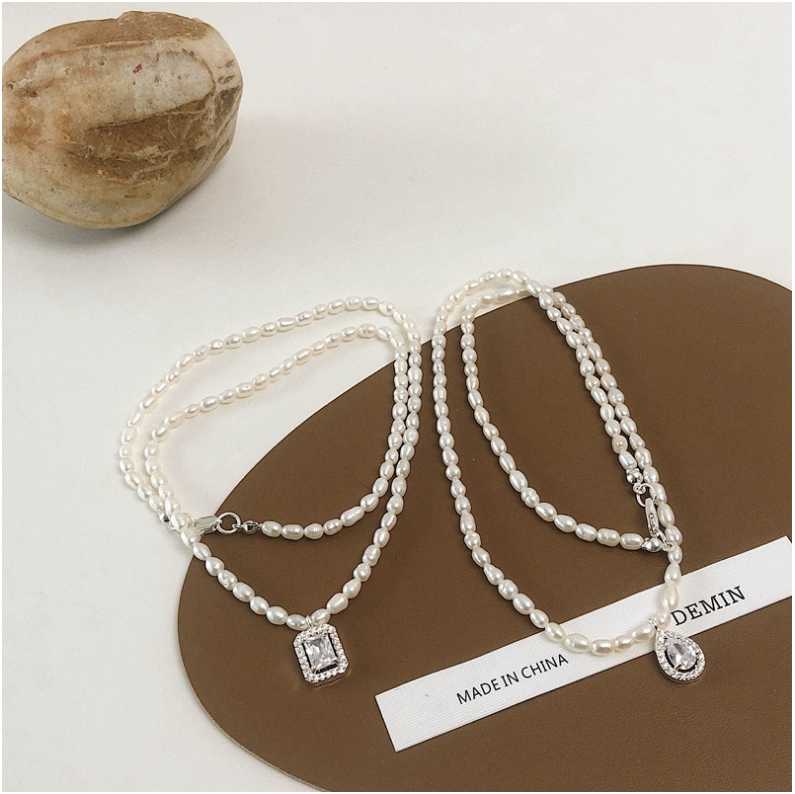 

High-quality Pearl Necklace Rectangular Or Drop-shaped Zircon Pendant Freshwater Baroque Clavicle Chain Girl Chains
