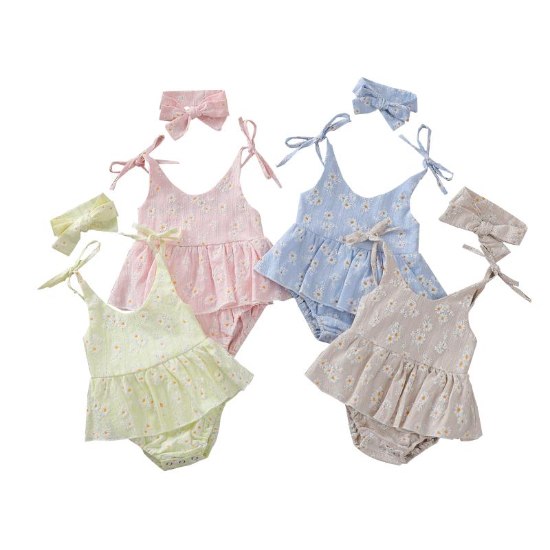 

Jumpsuits Summer Baby Girls Clothes Bandage Daisy Print Romper Dress Headband Cotton Linen Outfits
