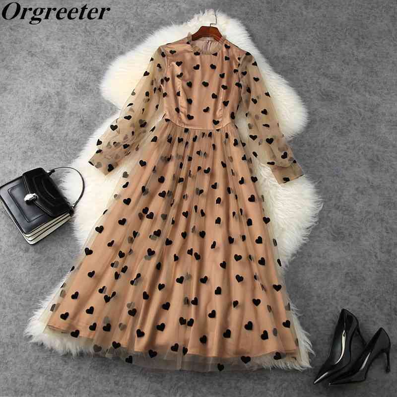 

Temperament Long Sleeve High Waist Mesh Dress Summer Fall Ruffles Patchwork Love Flocking Mid-length Fairy 210525, Khaki