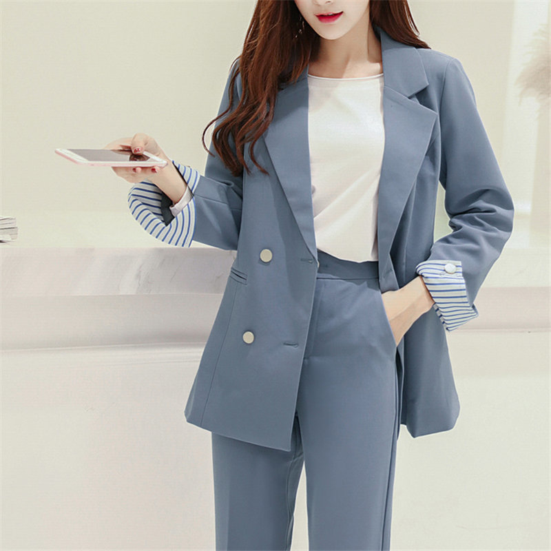 Formal Chic Streetwear Solid OL Casual Elegance Blazers+Straight High Quality Slim Pants Suits 2 Piece Sets 210421