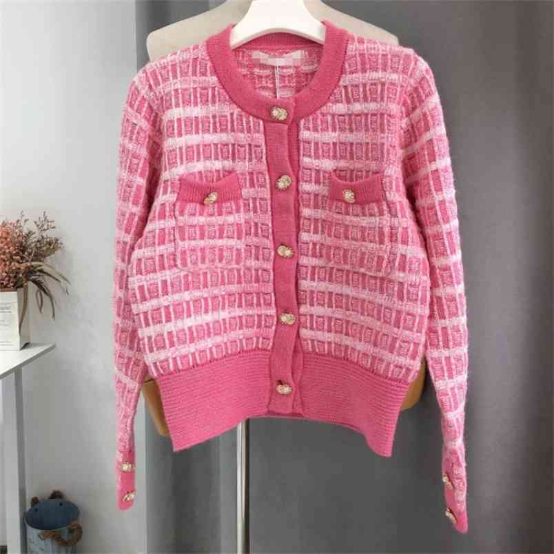 

Spring Autumn Elegant Women Pink O-Neck Knitted Cardigans Single-Breasted Slim Chic Sweater Female Tops 210519