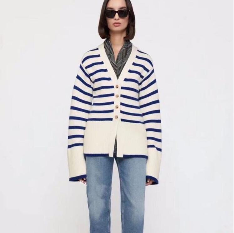 

New Women`s TOTEME Cardigan Blue Stripe Sweater jacket, Navy blue stripes