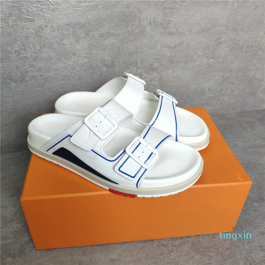 

2021 LVXNBA Trainer Mules Mens Designer sandals Leather double strap Slippers Adjustable buckle Fashion Summer Outdoor Casual Shoes Sports, Black