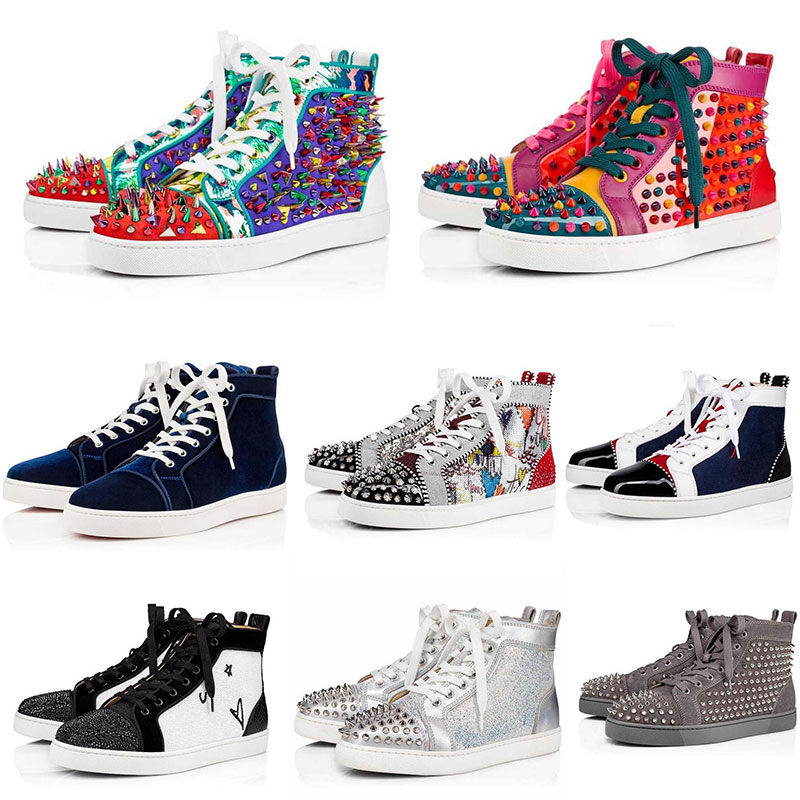 

2021 couple red sole high top teenagers spiked shoes flat shoes men's and women's shoes multi color leisure shoelaces box type dust bag 35-45, Sky blue