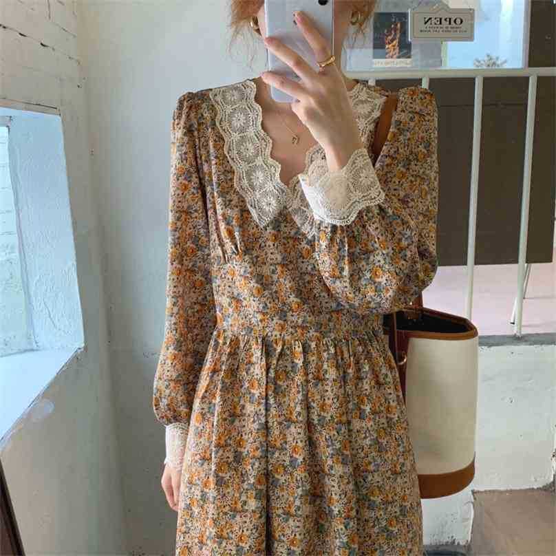 

Gentle V-Neck Chic Loose Floral Printing Women Vestidoes Sweet Lace Patchwork Retro Long Dresses 210525, Orange blue
