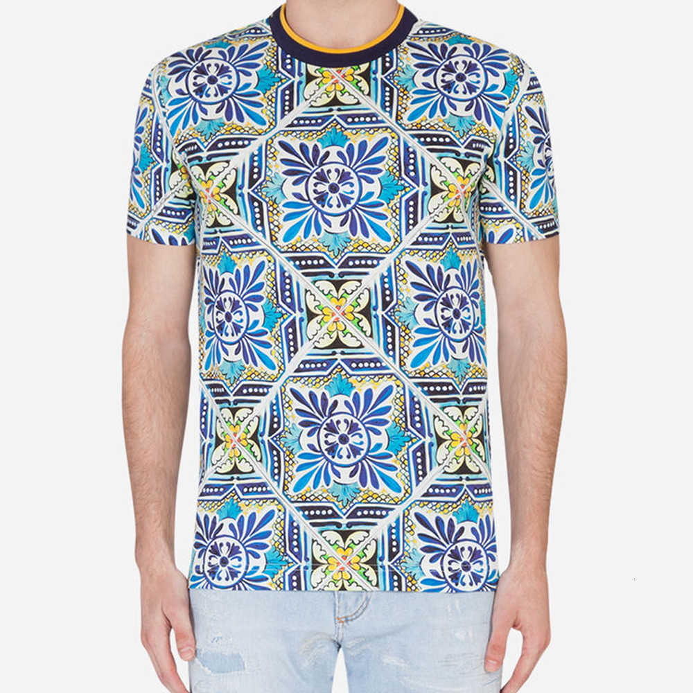 

Men's Summer 100% T-shirt with Maiolica Print Cotton t Shirt Pp|419202545, Blue