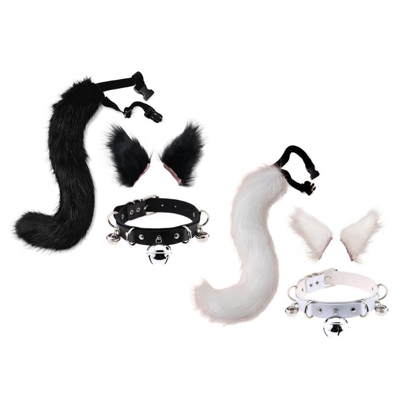 

Plush Cat Ears Hair Clip Furry Wolf Tail With Faux Leather Bell Neck Choker Necklace Set Anime Animal Cosplay Costume Accessories