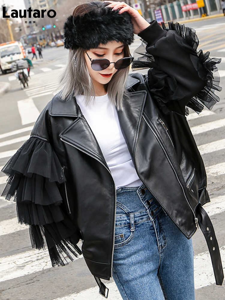 Lautaro Autumn Short Black Oversized Lace Patchwork Leather Biker Jacket Long Sleeve Loose Womans Clothing Fashionable Outerwear 210909
