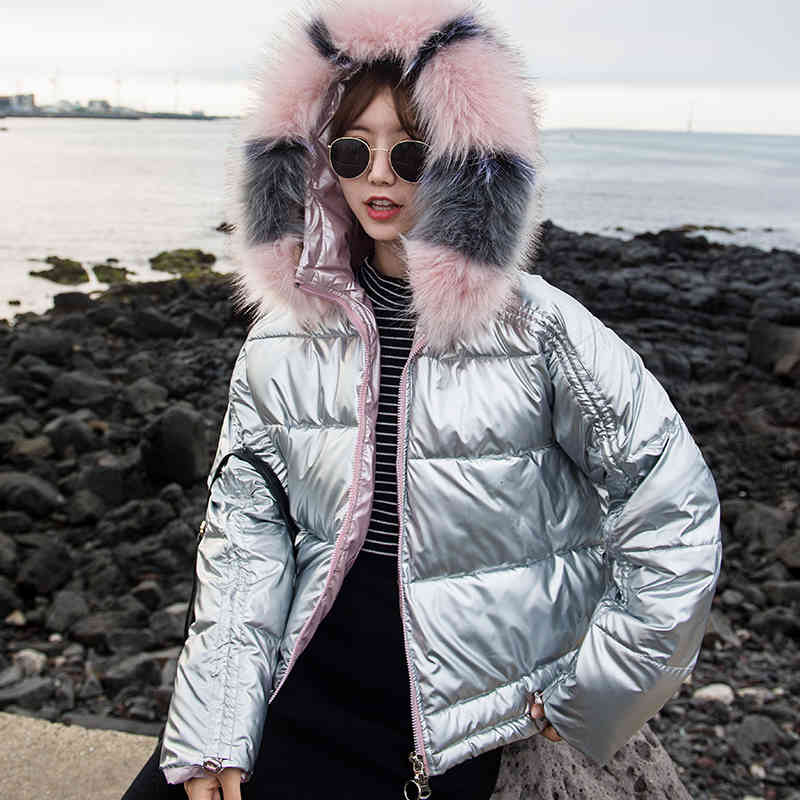 

Ly Varey Lin Winter Glossy Parka Women Big Faux Fur Hooded Short Cotton Jacket Warm Thick Loose Gold Silver Bright Side Outwear, Black