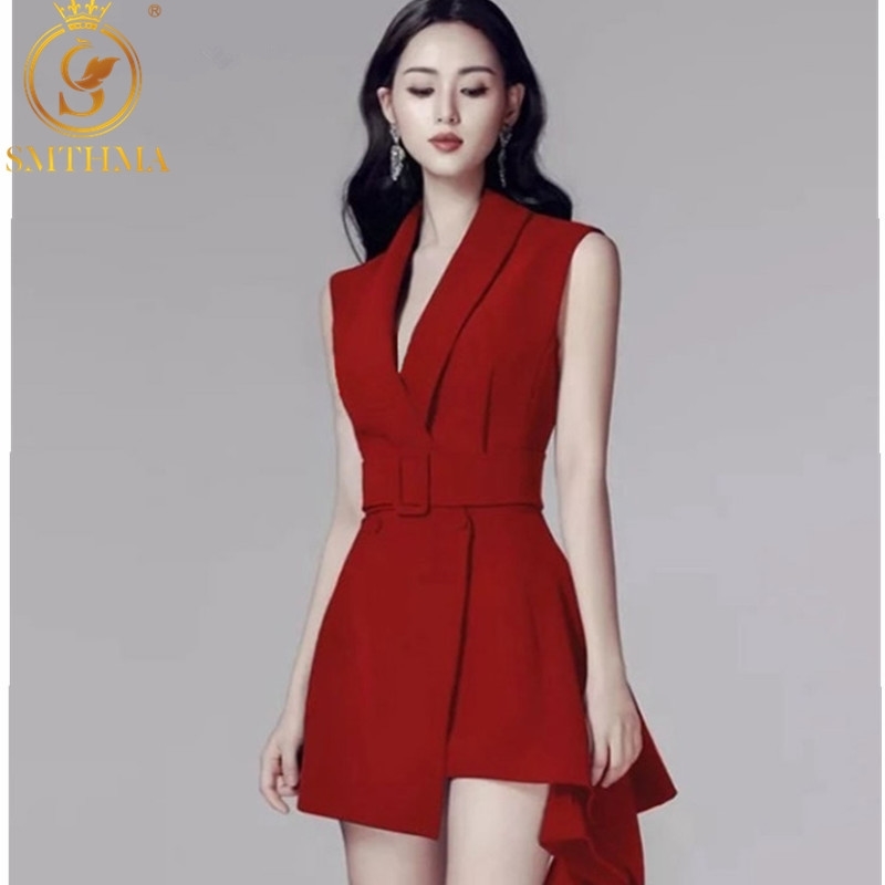 

Elegant Notched Neck Double Breasted Women Blazer Dress OL Style High Waist Red Vestidos Femme 210520, Photo color
