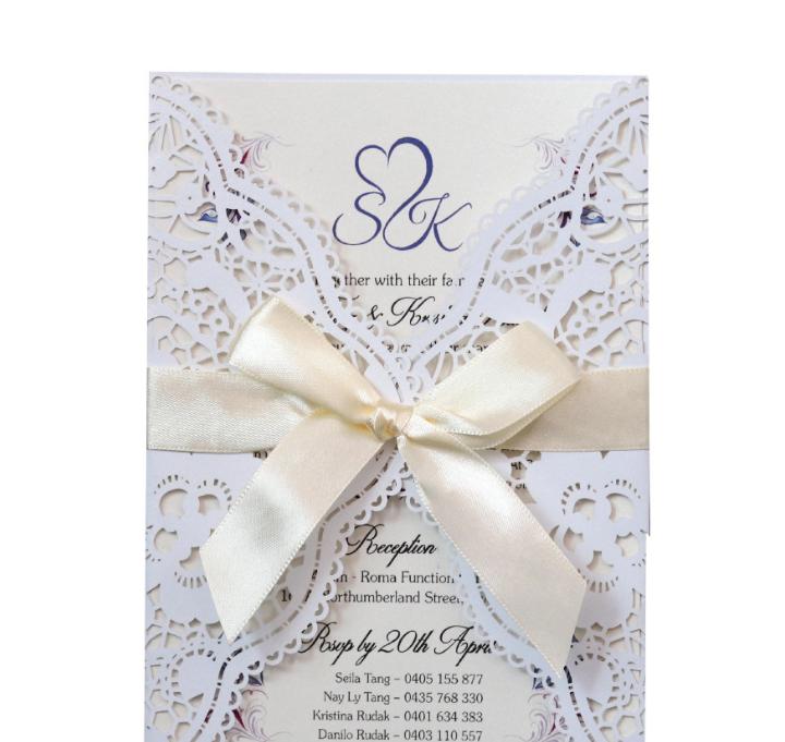 

2021 Ivory Laser Cut Wedding Invitation with Ivory Shimmer Insert and Ivory Ribbon Bow, Laser Cut Wrap Invitation