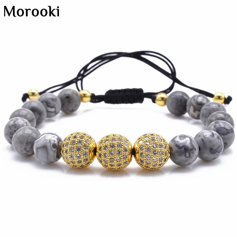 

Morooki Natural Gray Map Stone Bracelet Pave CZ Charms Jewelry Bracelets For Men Pulseras Homme Buddha Charm, Golden;silver