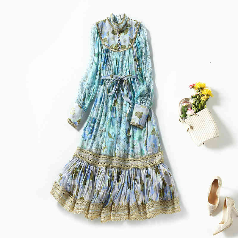 

Casual Dresses High end lady print stand collar simulation silk fairy skirt long sleeve heavy industry stitching lace Shenzhen dress PJBK, Blue