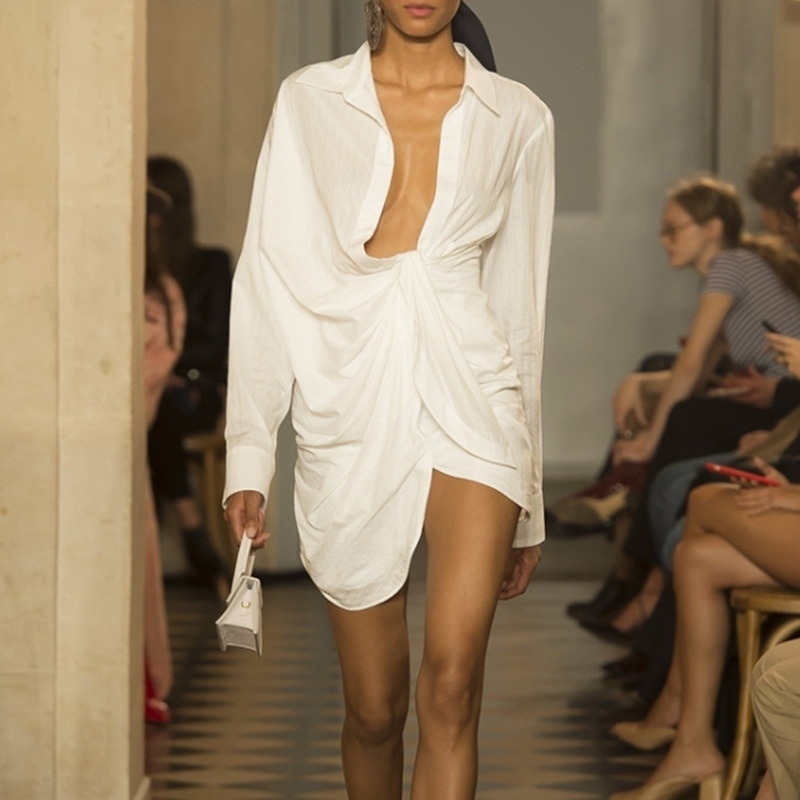 

DEAT New Summer Turn-down Collar Full Women Clothes Asymmetrical Sleeves Dobby White Dress Female Vestido WB52300 210402
