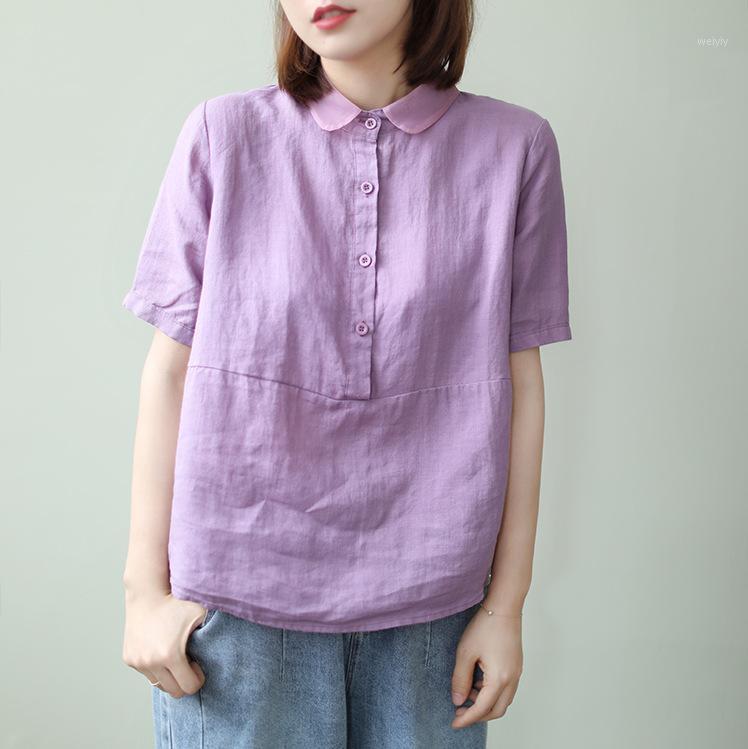 

Women Skirt Summer Loose Casual All-match Blouse Tops Turn-down Collar Button Short Sleeve Ladies Retro Shirt Women's Blouses & Shirts, Blue