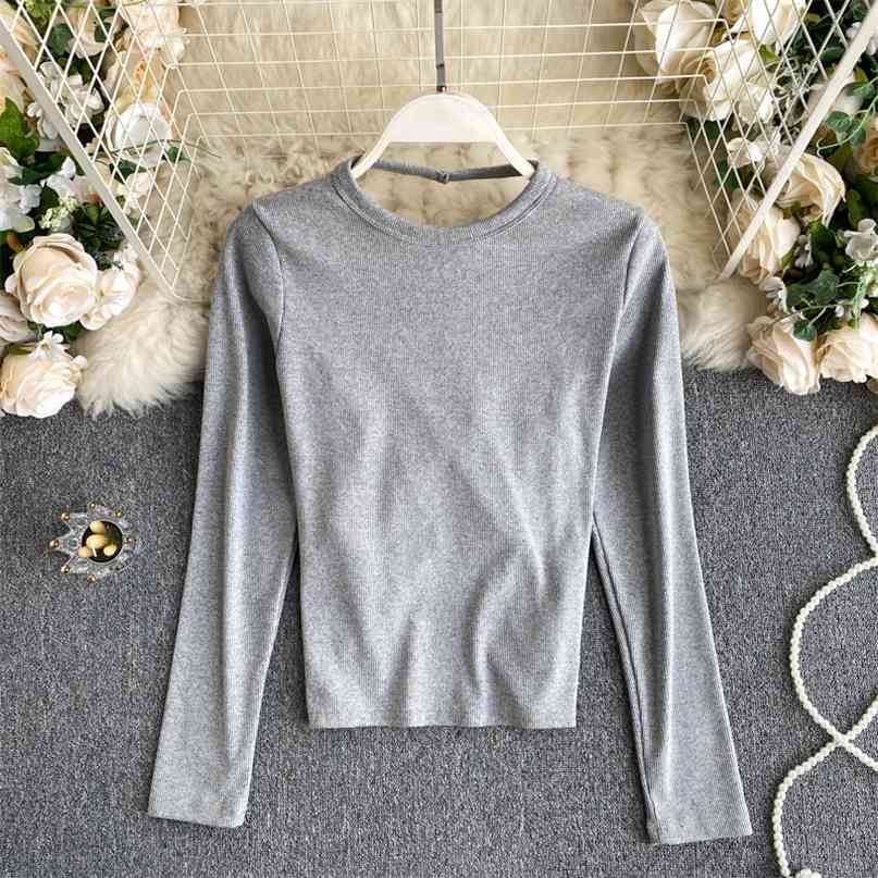 

Fashion Spring Autumn Solid Knit Long Sleeve Top Round Neck Tight Fit Criss-cross Backless Cropped T-shirts Casual Streetwear 210603, Black