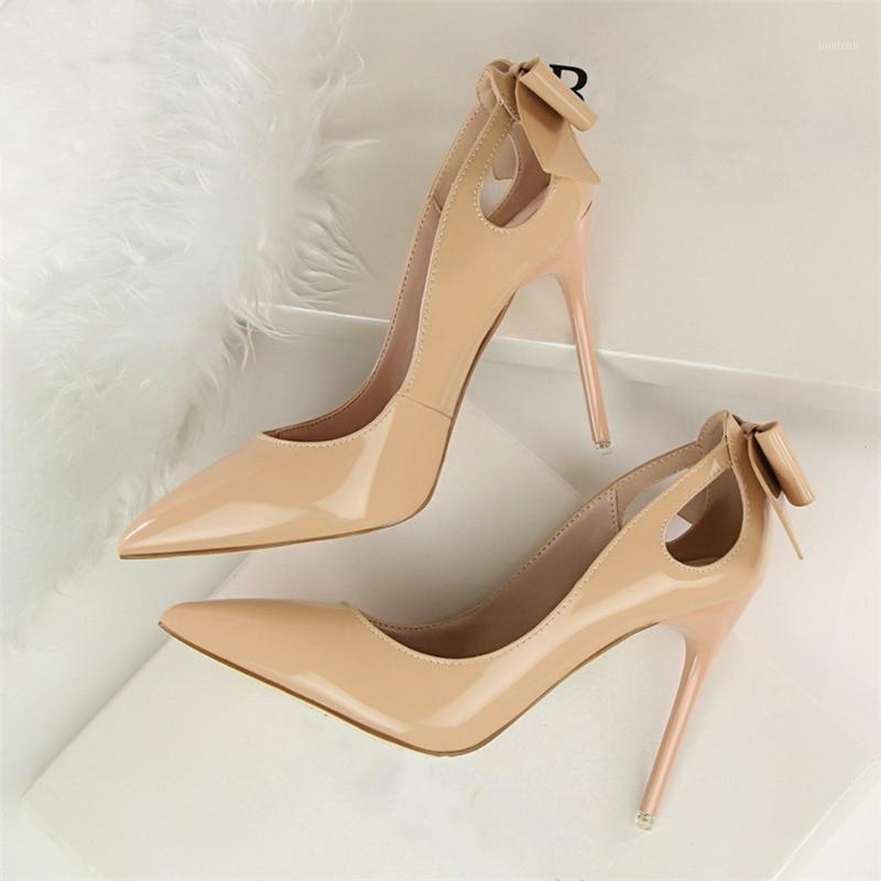 

Dress Shoes Heels Sexy High-heeled Sweet Bow Patent Leather Thin High Pointed Hollow Elegant Pumps G3168-8, Black