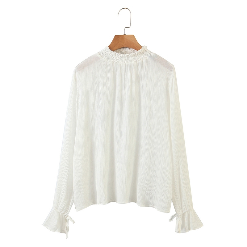 

Summer Spring Blouse Puff Sleeve Pleated Shirt Stand Collar Elegant White Shirts Women Pullover XZ2518 210525