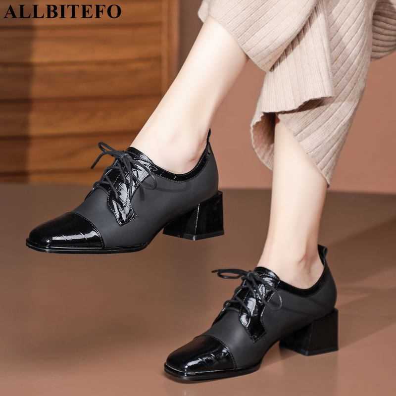 

ALLBITEFO mixed colors lace-up fashion soft genuine leather women heels shoes women pumps leisure high heels basic shoes 210611, As picture