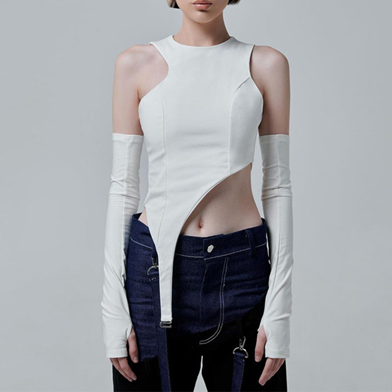 

Gothic Sleeveless T-Shirts Punk Bodycon White Women Crop Tops With Gloves Y2K Zipper Patchwork Irregular Tee