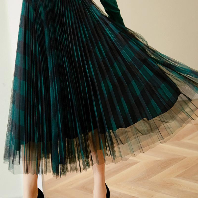 

Skirts Grid Mesh Veil Period Female Gauze Skirt Of Tall Waist Long Pleated, Green