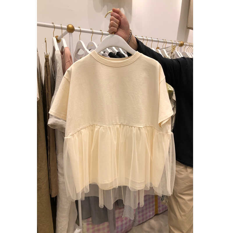 

Spring Summer Mesh Patchwork Solid O Neck T-shirt Women' Loose Fake Two-piece Tops 210615, Apricot