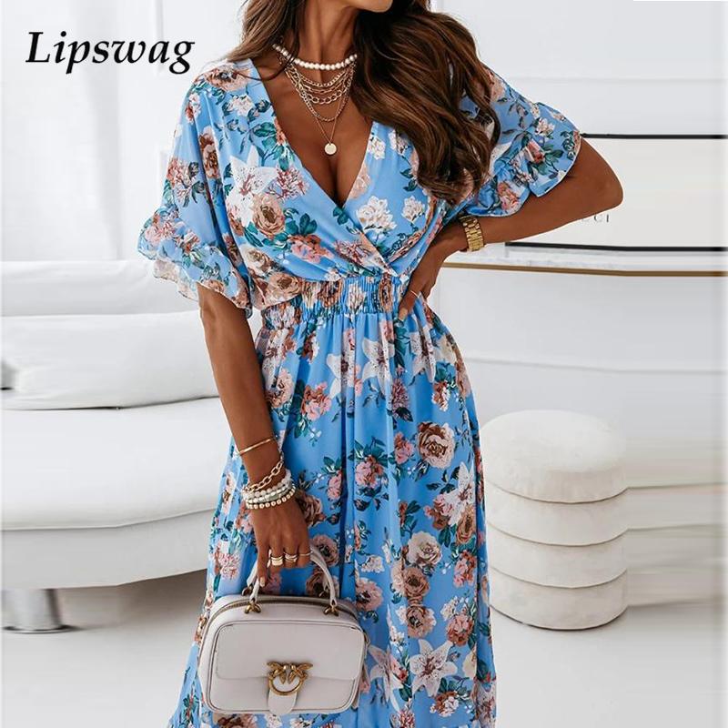

short sleeve ruffle long dress vintage women elastic waist boho beach dress spring summer elegant floral print party dresshigh quality, Black;gray