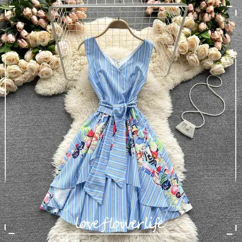 

Summer Chic Irregular Ruffles Short Dress Women Retro Stripe Tank Dress Korean Fashion V Neck Sleeveless A-line Dress 210521, Blue