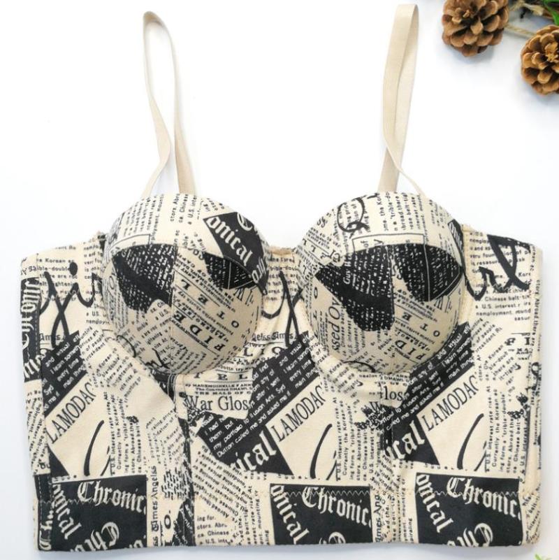 

Women' Tanks & Camis Suede Leather Camisole Fashion English Spaper Pattern Letter Printing Tops Bra Underwear Nightclub Crop Tube Top Tank, Khaki