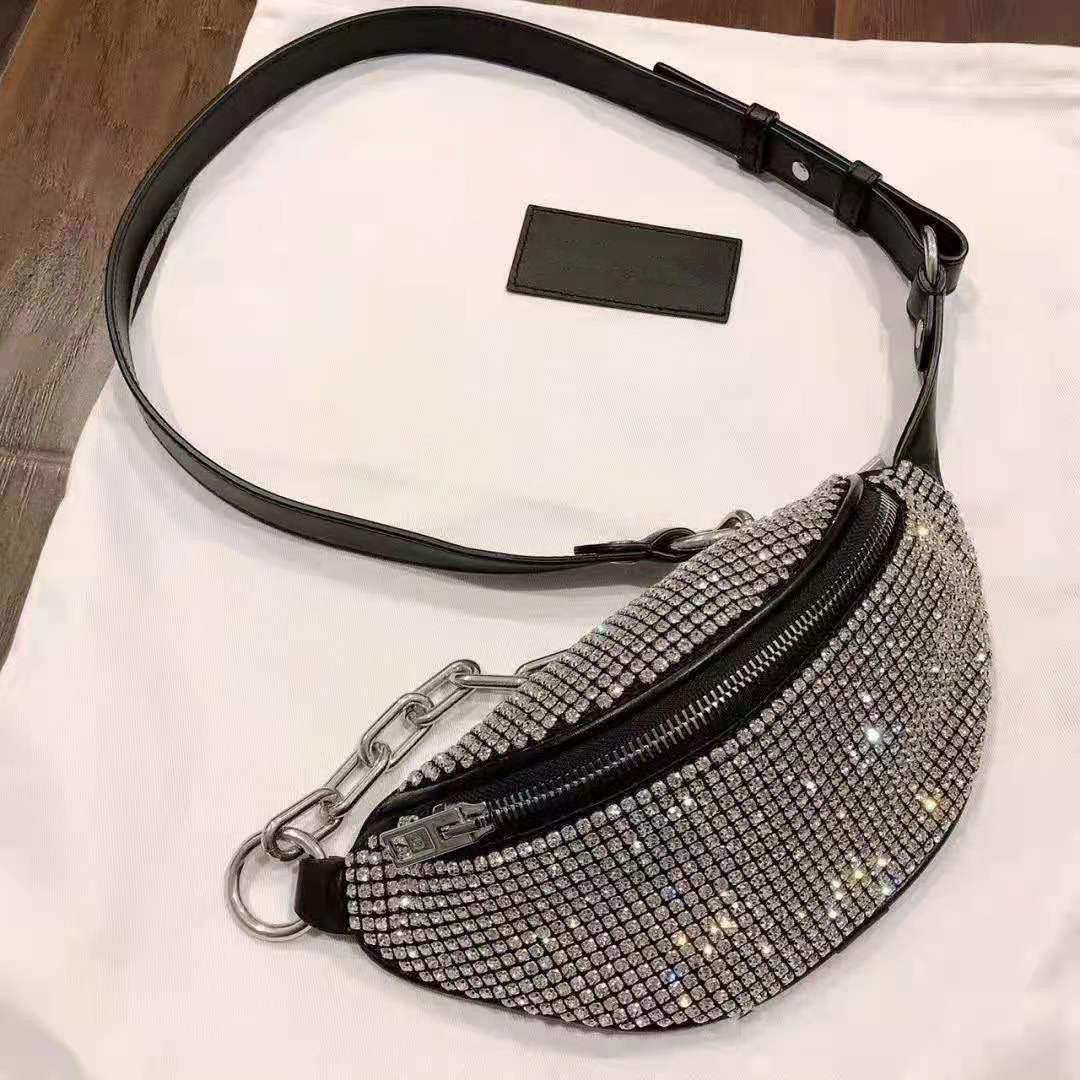 

Women Attica Rhinestone Waist Bags Mini Fanny Pack Zip Compartment Designer Lady crystal glass Adjustable Bike Chain Strap Bag, Customize