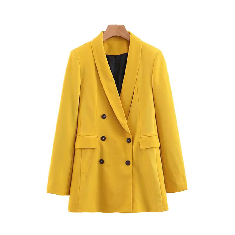 

Paris Girl Women Chic Yellow Blazer Pockets Double Breasted Long Sleeve Office Wear Coat Solid Female Casual Outerwear Tops 210524, As picture