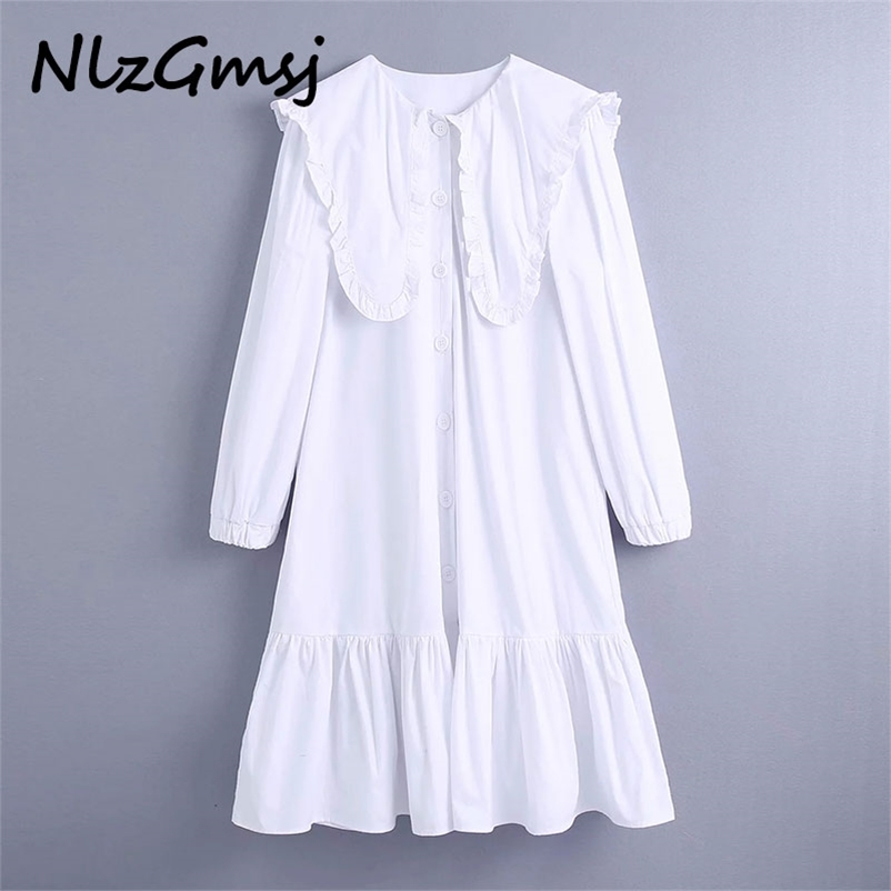 

Dres spring Fashion Doll Collar High Waist Knee-length Single-breasted Long Sleeve Solid 210628, As picture