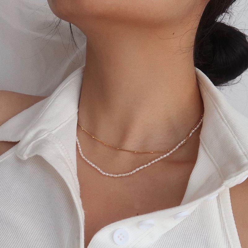 

Chains Fashion Natural Pearl Choker Necklace High Quality Tarnish Free Double Layer Gold Chain For Women Exquisite Jewelry Girl Gift, Silver