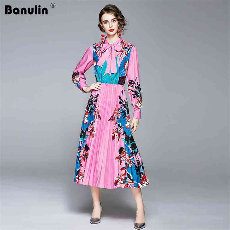 

Banulin Runway Autumn Dress Women Bow Neck Long Sleeve Holiday Robe Boheme Femme Floral Print Pleated Midi 210603, Mei red