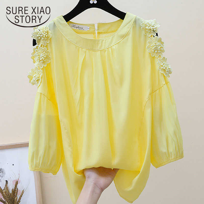 

Spring and Summer Flower Embellishment Off Shoulder Solid Chiffon Blouse Women Korean Loose Slim Fit Women Tops 9531 210527, Orange