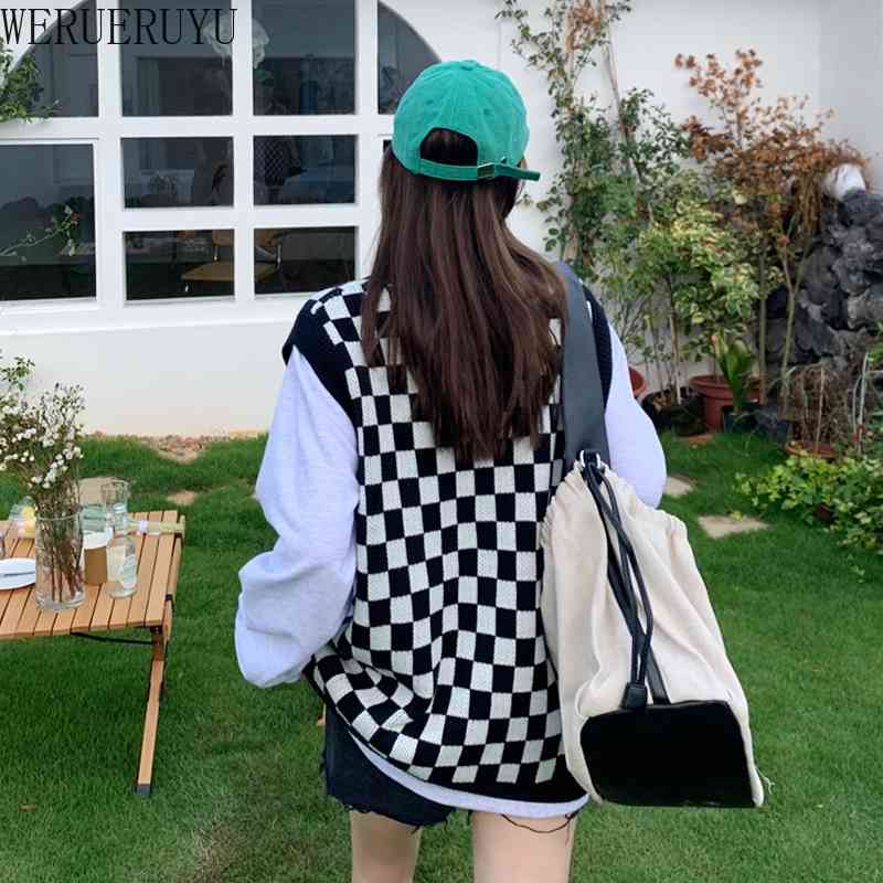 

WERUERUYU Women Sweater Vest Autumn Korean Style Vintage Plaid V Neck Sleeveless Pullovers Knitted Woman Sweaters 210608, Photo color