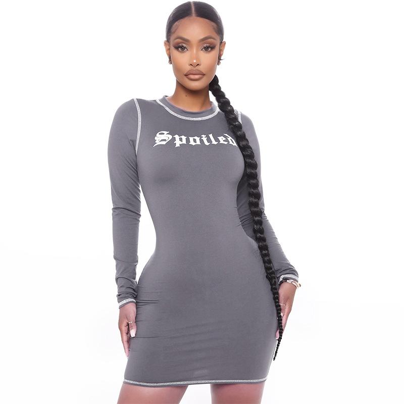 

Casual Dresses Women O Neck Letter Print Solid Color Skinny Long Sleeve Mini Sheath Dress Bodycon High Street Clubwear Party Sports Chic, Black;gray