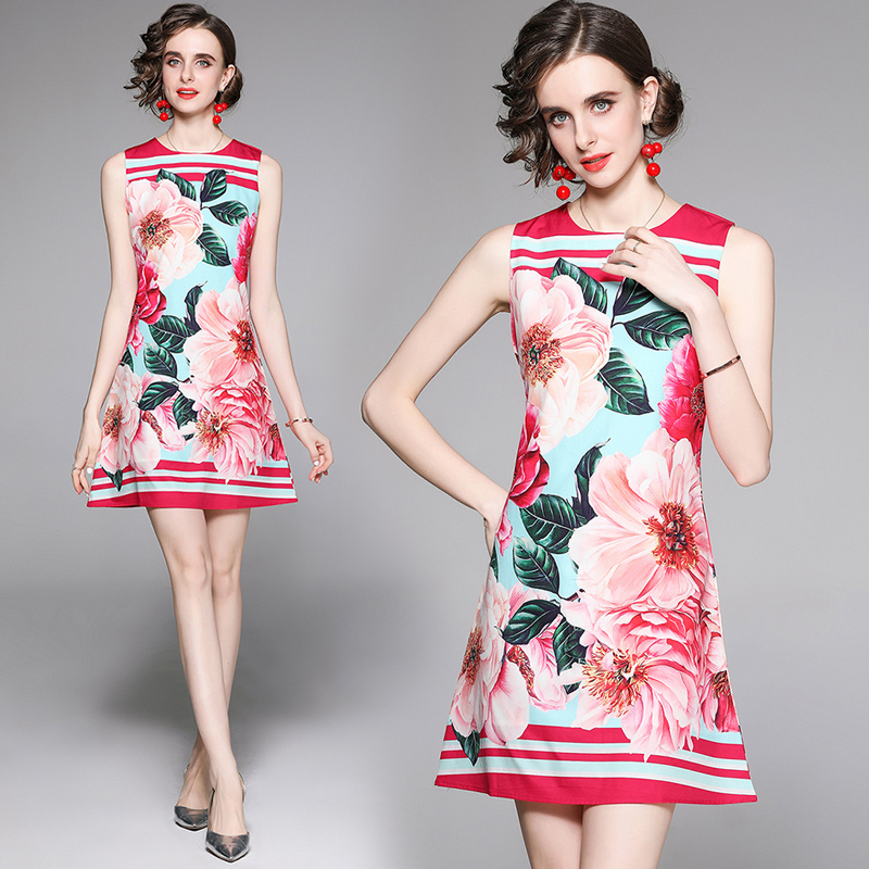 

2021 Luxury Floral Vest Dress Runway Designer Sexy Women Sleeveless Crew Neck Casual Beach Mini Tank Dresses Ladies Fashion Printed Summer V, Black;gray