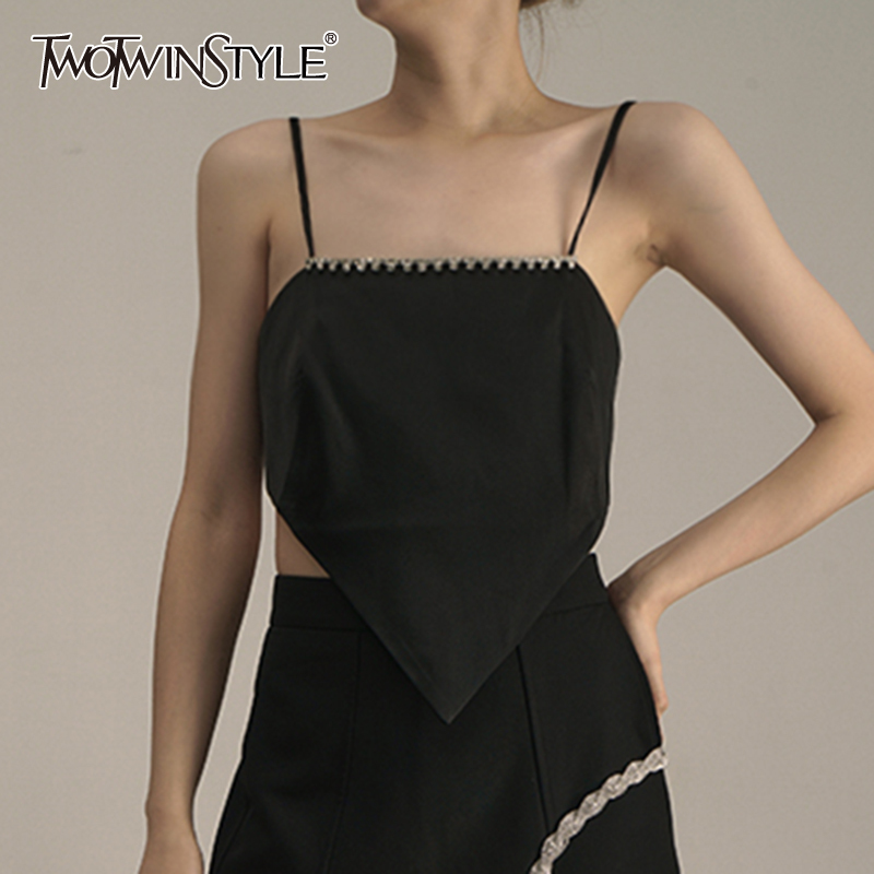 

Sexy Black Vest For Women Square Collar Sleeveless Patchwork Diamond Vests Female Summer Fashion Clothing 210524