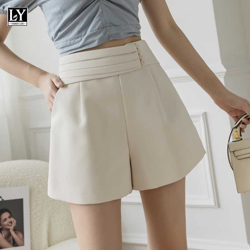 

LY VAREY LIN Summer Women Casual Button High Waist Shorts Office Lady Fashion Solid Color Slim Wide Leg Black 210526, Apricot