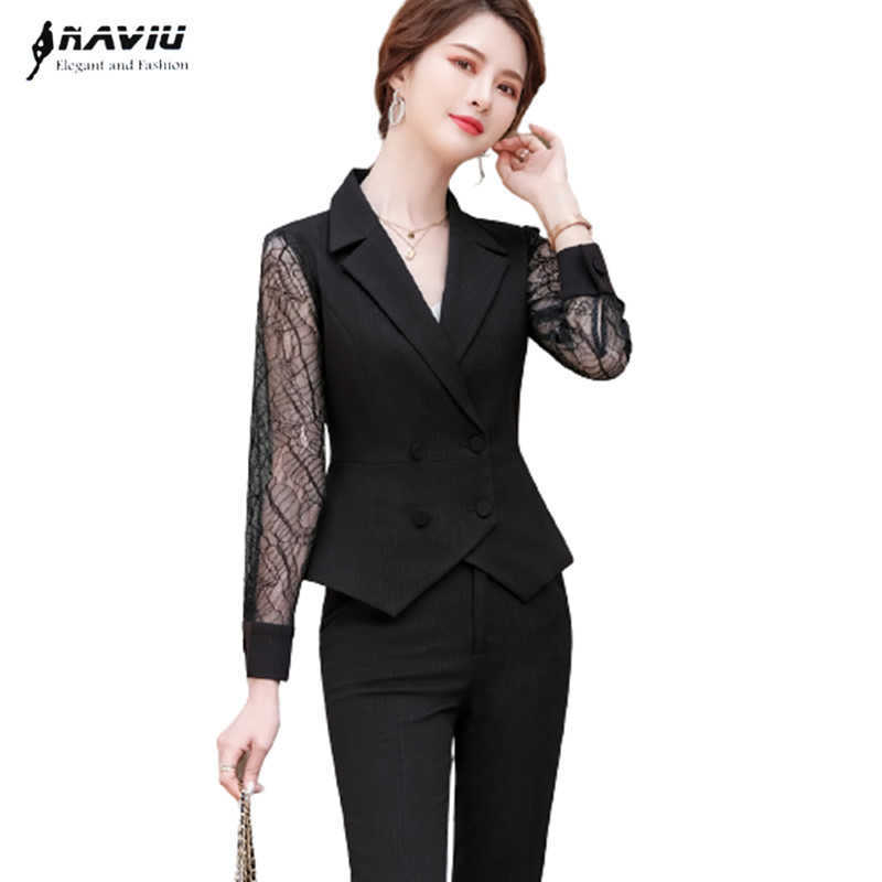 

Lace Suit Spring Fashion Business Temperament Formal Stripes Slim Blazer And Pants Office Ladies Two Piece Work Wear 210604, Blue coat and pants