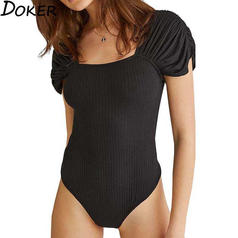 

Square Collar Pleated Short Sleeve Skinny Bottoming Shirt Women' Solid Color Backless Streetwear Bodysuits 210604, White