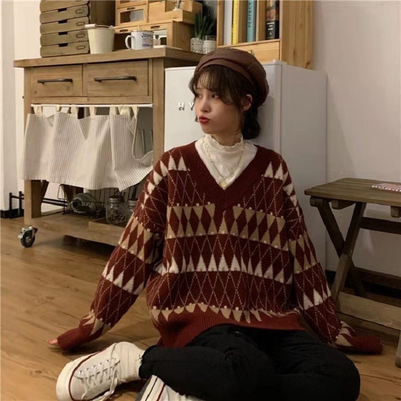 

women's sweaters vintage female lazy-style sweater, korean women's blouse with a v-collar pcr4, White;black