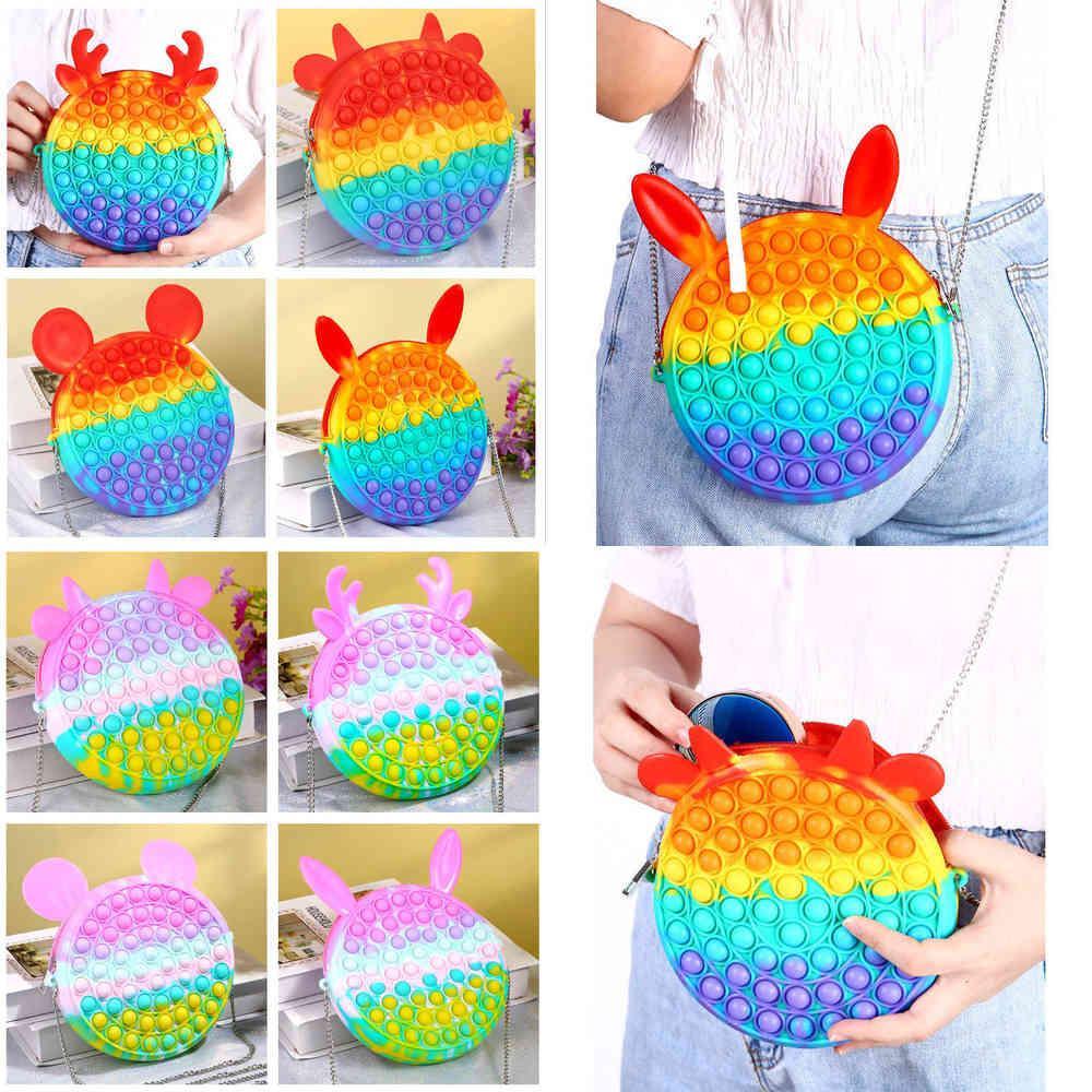 

Rainbow Macaron Fidget toys Bubble Chain Bag Purses Kids Boy Girls Novel Cool Design Crossbody Fanny Pack Pop Sensory Puzzle Toy