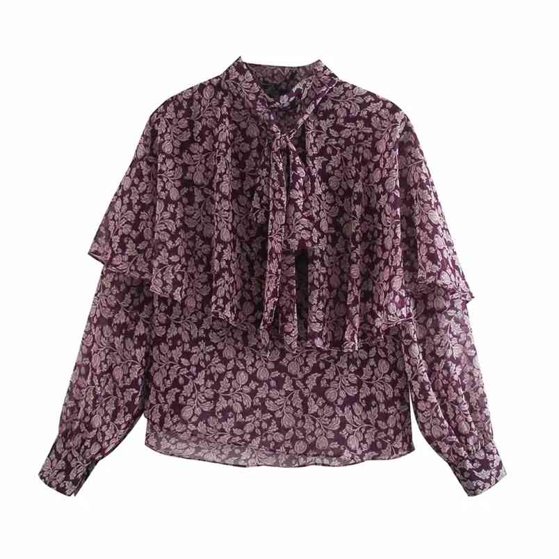 

Vintage Printed Chiffon Blouse Women Top Woman Fashion High Neck Bow Tied Long Sleeve Layered Ruffle Casual Ladies 210519, Print