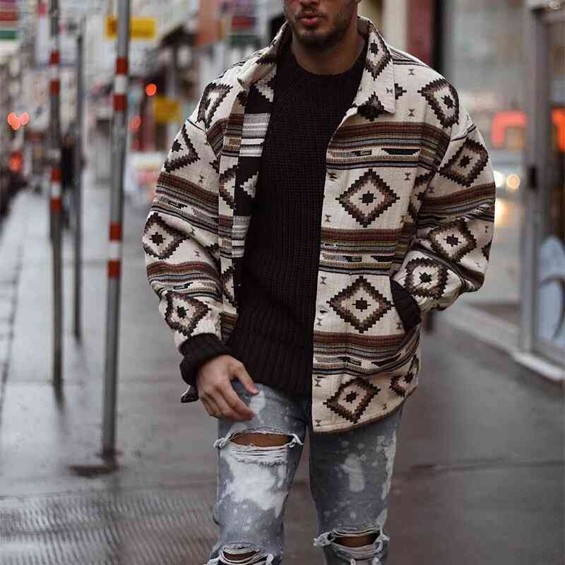 

Men's coat autumn 2021 new printed geometric pattern Lapel breasted jacket, Black