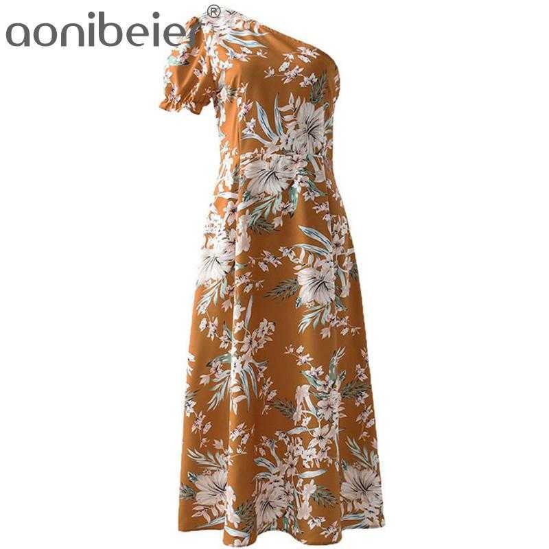 

Floral Print Summer Fashion Short Puff Sleeve One Shoulder Midi Dress Side Zipper Casual High Waist Women Skater 210604, 01