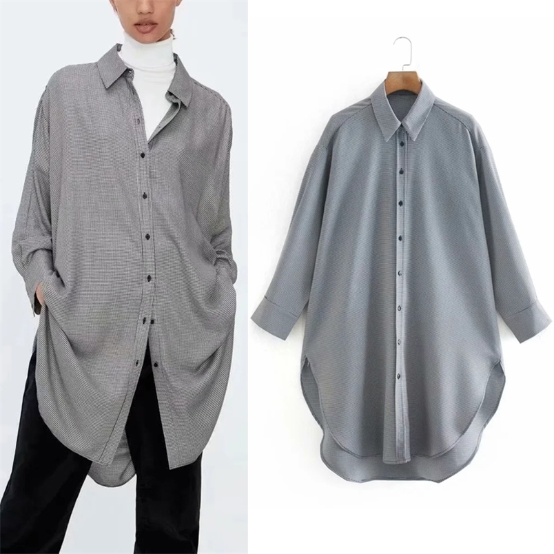 

Plaid Oversized Long Shirt Women Vintage Houndstooth Collared Sleeve Blouse Woman Streetwear Casual Ladies Tops 210519