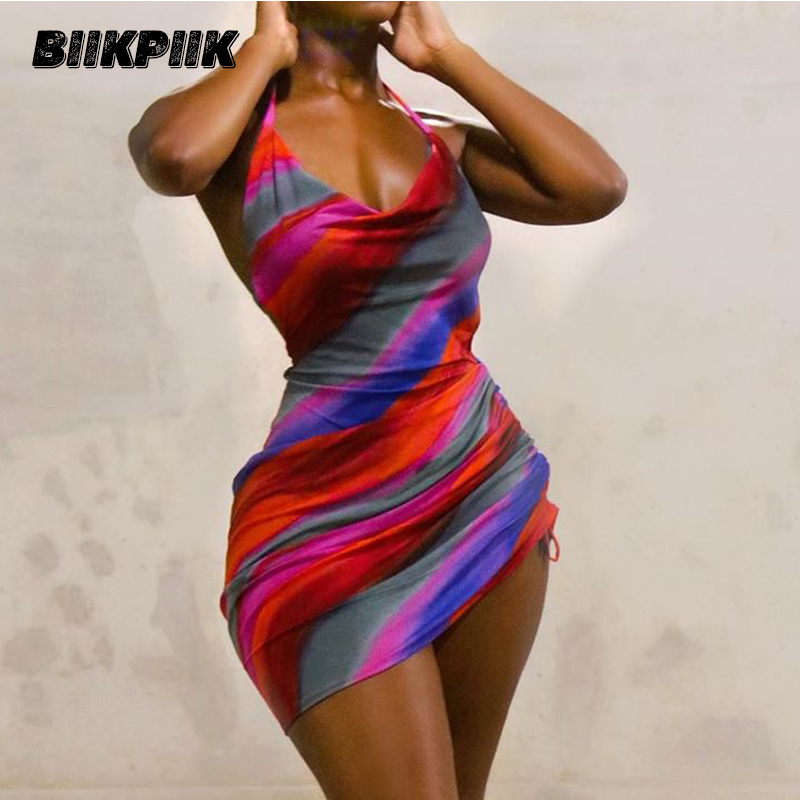 

BIIKPIIK Halter Backless Striped Colorful Mini Bodycon Dress Clubwear Drawstring Sexy Party Wear Casual Backless Dresses, Color